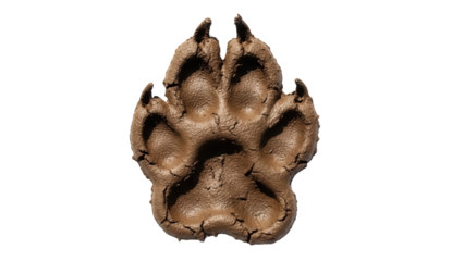 Muddy paw print isolated PNG, animal track on transparent background, brown footprint of a dog or wolf, wildlife sign, nature trail marker