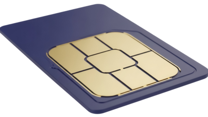 Blue SIM card isolated PNG on transparent background, mobile communication technology for smartphones and cellular devices