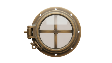 Antique brass porthole window isolated PNG on transparent background, nautical ship window with glass and metal frame for marine design
