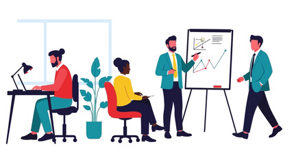 Diverse team collaborating in modern office, presenting business growth charts