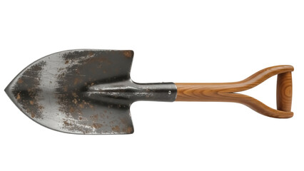 Used garden spade isolated PNG on transparent background, weathered metal shovel with wooden handle for gardening and landscaping