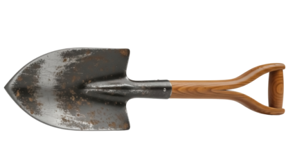 Used garden spade isolated PNG on transparent background, weathered metal shovel with wooden handle for gardening and landscaping