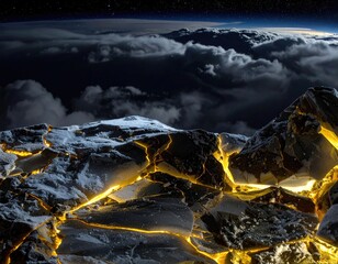 Cracked rock edge, planet below, clouds & stars above