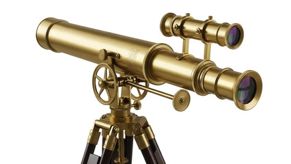 Antique brass telescope isolated PNG, vintage nautical spyglass with tripod on transparent...