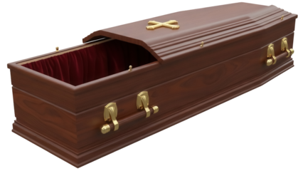 Elegant brown wooden coffin with golden cross isolated PNG, funeral casket for burial on transparent background, death and mourning concept