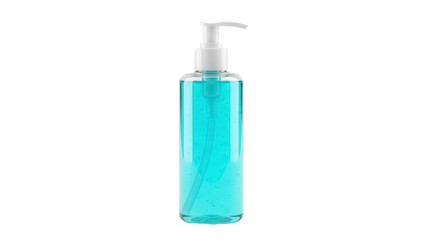 Blue hand sanitizer gel in clear bottle isolated PNG, antibacterial liquid for hygiene and health...