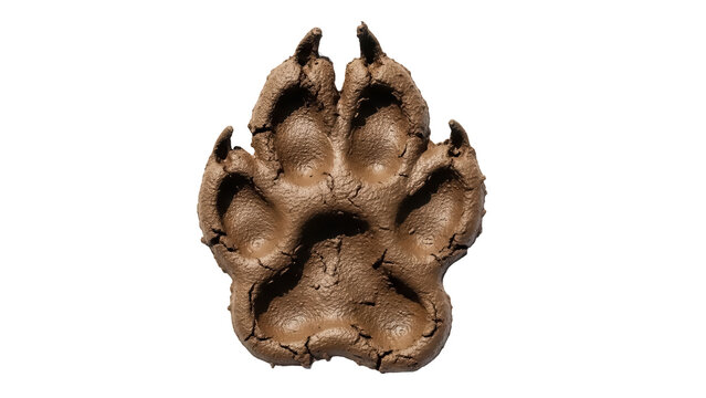 Muddy paw print isolated PNG, animal track on transparent background, brown footprint of a dog or wolf, wildlife sign, nature trail marker