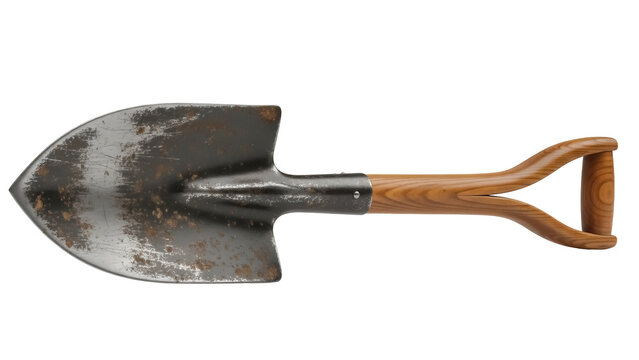 Used garden spade isolated PNG on transparent background, weathered metal shovel with wooden handle for gardening and landscaping
