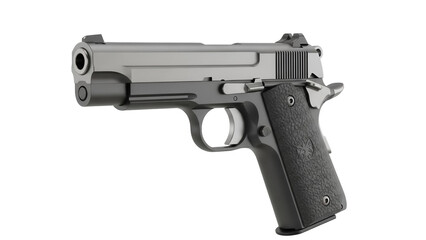 Silver and black pistol isolated PNG, handgun firearm for self-defense and target practice, weapon for law enforcement and military applications