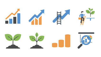 Business Growth Icons: Charts, Plants, Ladder, Person, Magnifying Glass