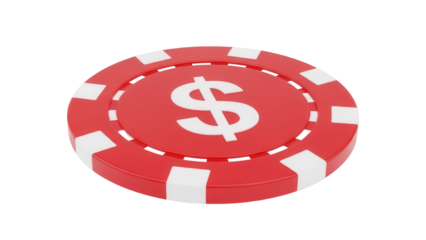 Red casino chip with dollar sign isolated PNG, gambling token for poker and blackjack on transparent background