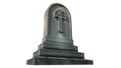 Weathered gray stone tombstone with cross isolated PNG, religious monument for cemetery or memorial, spiritual symbol on transparent background