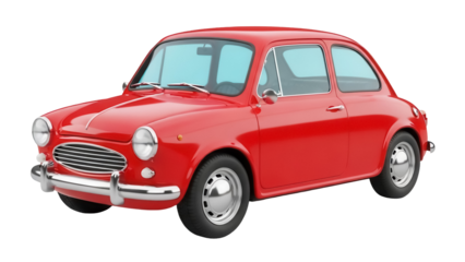 Classic red compact car isolated PNG on transparent background, vintage automobile for transportation and retro design projects