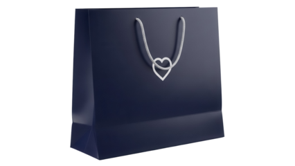 Elegant navy blue gift bag with heart detail isolated PNG, stylish shopping bag for presents and special occasions on transparent background