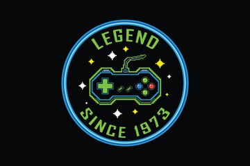 Retro gaming badge with controller and legend since 1973