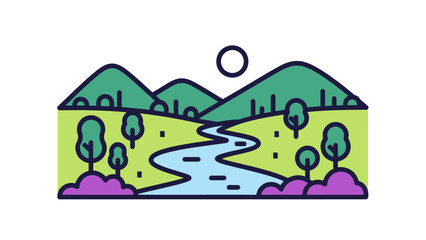 Obraz premium Stylized Mountain Landscape with Winding River and Trees - Flat Design