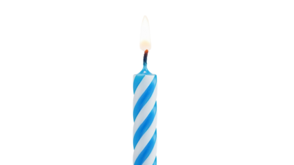 Burning blue and white striped birthday candle isolated PNG, festive celebration decoration on transparent background