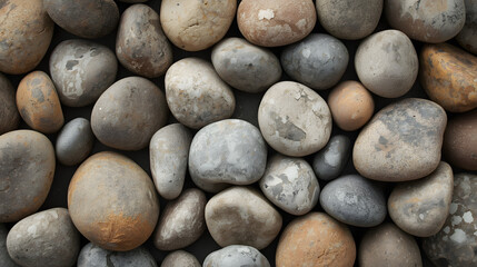 Close-up view of smooth, rounded river pebbles in various natural colors forming a textured background.