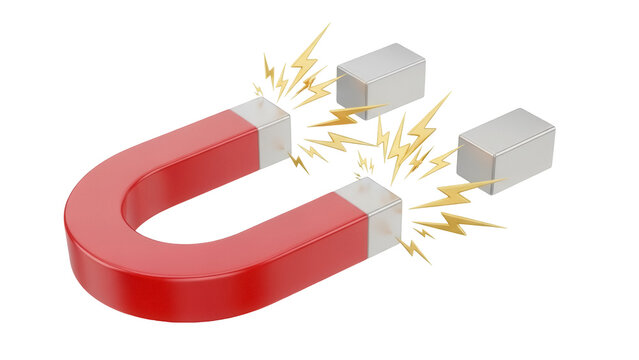 Red horseshoe magnet with magnetic field isolated PNG, physics science equipment for attraction and repulsion experiments on transparent background