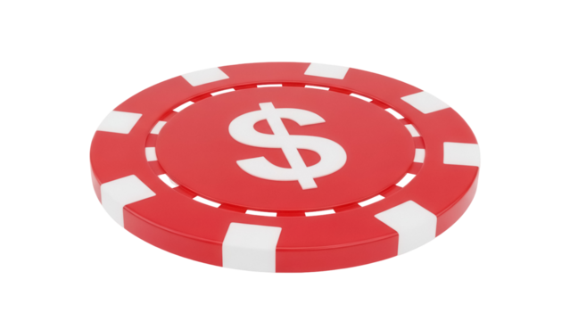 Red casino chip with dollar sign isolated PNG, gambling token for poker and blackjack on transparent background - Powered by Adobe