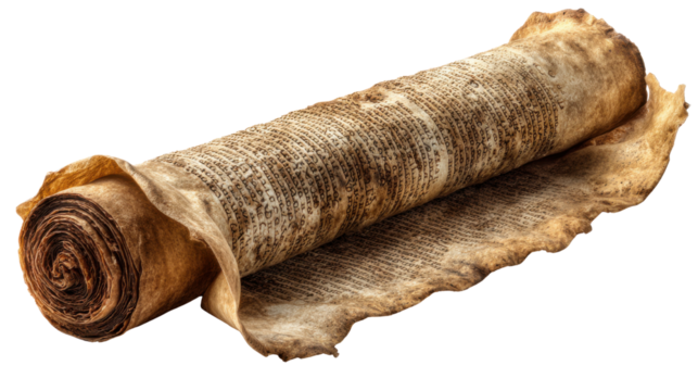 Ancient parchment scroll manuscript historical document vintage writing old paper literature archaeology artifact isolated studio render on white background - Powered by Adobe
