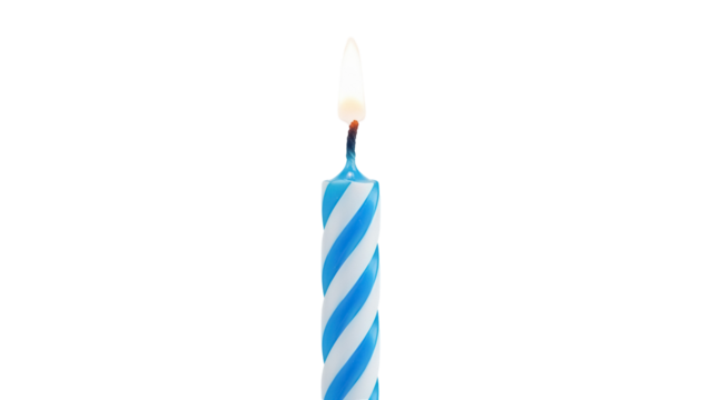 Burning blue and white striped birthday candle isolated PNG, festive celebration decoration on transparent background - Powered by Adobe