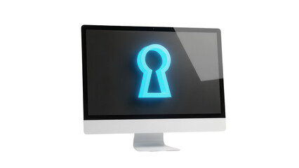Modern computer monitor with glowing blue keyhole isolated PNG, security concept for data protection and privacy on transparent background