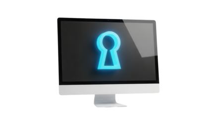 Modern computer monitor with glowing blue keyhole isolated PNG, security concept for data protection and privacy on transparent background