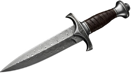 Ornate dagger with Damascus steel blade isolated PNG, medieval weapon for fantasy games and historical reenactment on transparent background