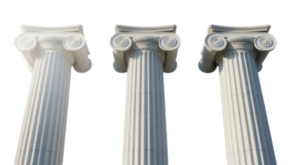 Three Ionic columns isolated PNG on transparent background, ancient Greek architecture elements for design and historical projects
