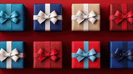 Nine gift boxes, various colors and textures, arranged on a vibrant red background, showcasing festive and celebratory decorations.