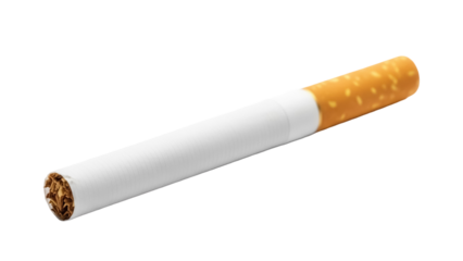 Unlit cigarette isolated PNG on transparent background, close-up of tobacco product with filter for smoking and addiction concepts