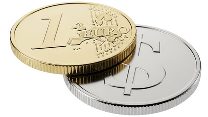 One Euro coin and Dollar coin isolated PNG, currency exchange concept for finance and international business on transparent background