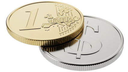 One Euro coin and Dollar coin isolated PNG, currency exchange concept for finance and international business on transparent background