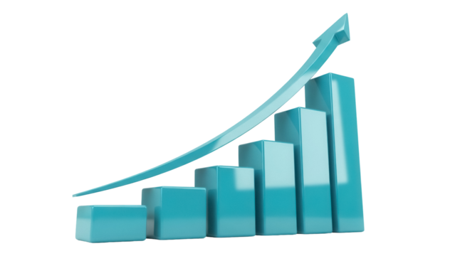 Turquoise bar graph with arrow pointing upwards isolated PNG, business growth and success concept for presentations and infographics - Powered by Adobe