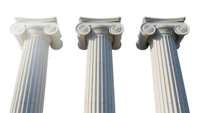 Three Ionic columns isolated PNG on transparent background, ancient Greek architecture elements for design and historical projects
