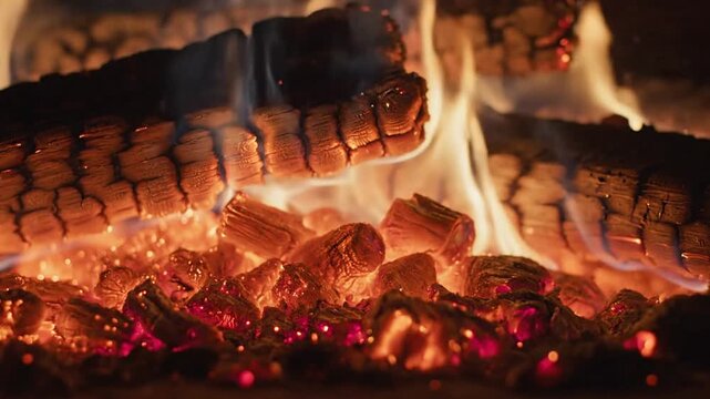 Fiery logs ablaze embers glowing intensely