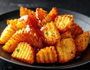 Golden, wavy cut fries drizzled with sauce on a black plate