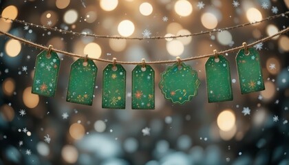 Green tags hang on a line with twine, set against a soft, sparkling green bokeh, fresh and cheerful.