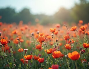 Fototapeta premium Orange poppies bloom in a vast field under bright sunlight. Gentle breeze sways flowers creating tranquil natural scenery. Green stems and leaves grow among blossoms.