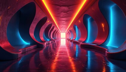 Futuristic corridor with glowing neon lights. Abstract shapes line reflective floor and walls of this modern tunnel. Blue and red lights illuminate dark, interior space, creating sci-fi atmosphere.