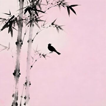 핑크 배경 위 수묵화 대나무 가지와 까치 한마리가 왼편에 그려져잇다 글씨쓸수잇는 텍스트박스공간 여백잇음On the pink background, an ink-and-wash bamboo branch and a magpie are drawn on the left side. Text box space for writing is blank