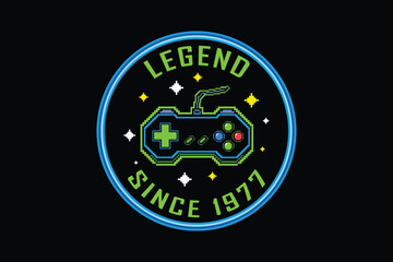 Retro gaming badge with controller and legend text since 1977