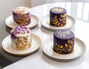 Four ornate mini cakes, purple and gold leaf details on plates