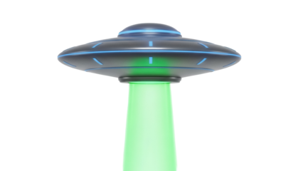 Classic UFO with green beam isolated PNG, flying saucer spaceship with light ray on transparent background, alien spacecraft for sci-fi design