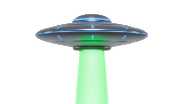 Classic UFO with green beam isolated PNG, flying saucer spaceship with light ray on transparent background, alien spacecraft for sci-fi design
