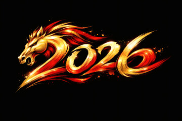 Fiery 2026 Horse Illustration: A dynamic depiction of a horse blended with the numerals, glowing in fiery shades of red and gold against black.