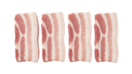 Four strips of fresh bacon isolated PNG on transparent background, uncooked pork belly slices for breakfast or cooking