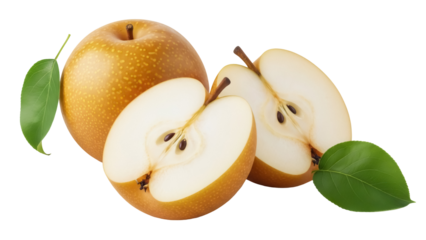 Asian pear PNG isolated on transparent background, fresh nashi fruit halves with seeds and green leaves, healthy eating
