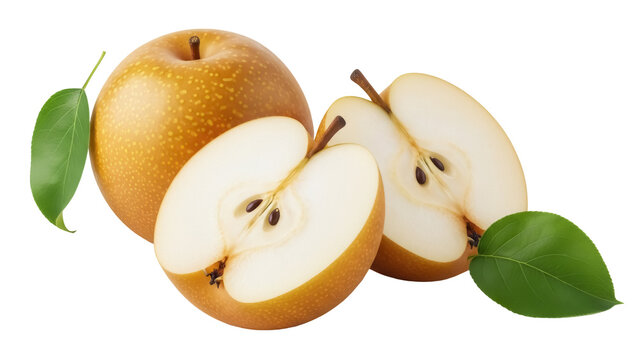 Asian pear PNG isolated on transparent background, fresh nashi fruit halves with seeds and green leaves, healthy eating